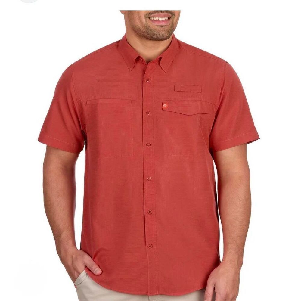 American Outdoorsman Men's Red Polyester Ultralight Short Sleeve Button Down Fis
